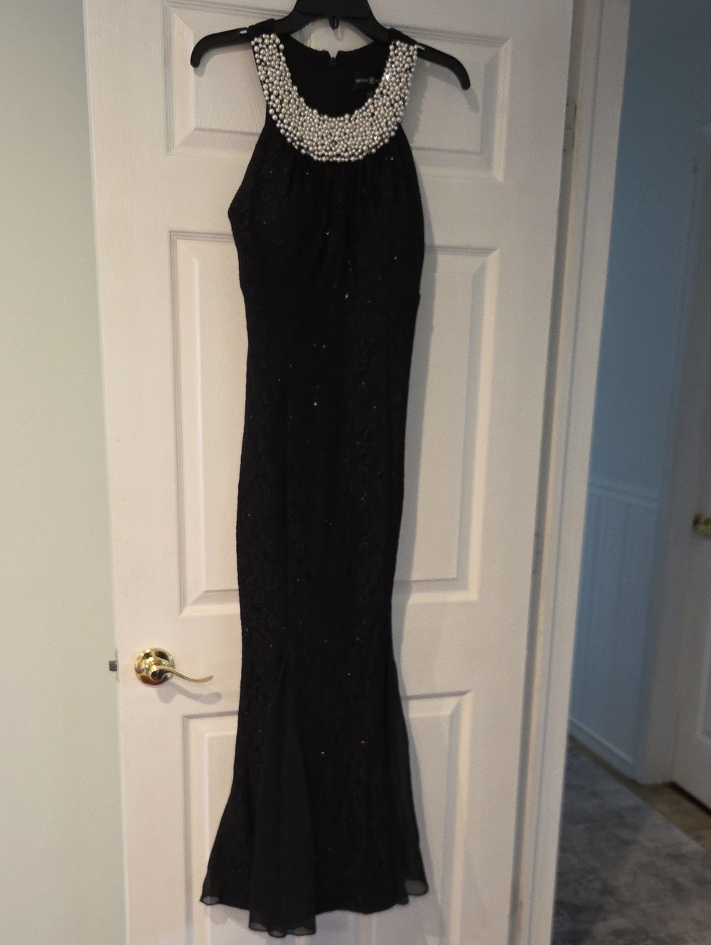 Betsy & Adam Black Halter Gown with Pearl Bib